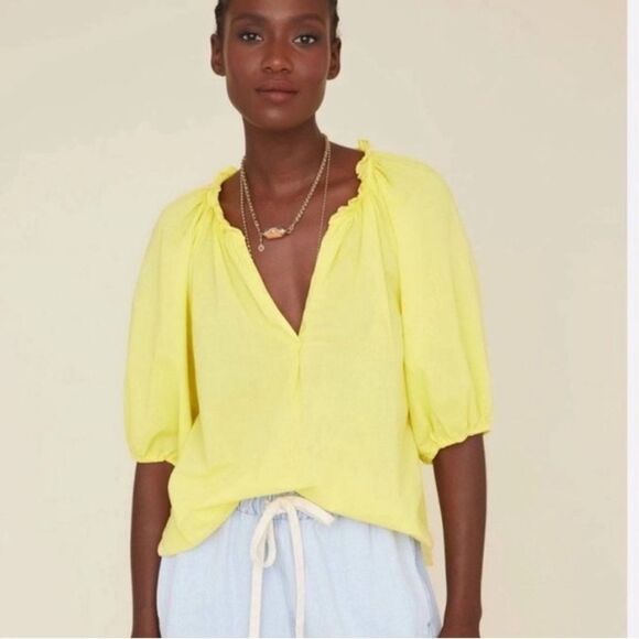 XiRENA 100% Cotton Yellow Jules Puff Sleeve Boxy V-Neck Tuckernuck Blouse Small - Picture 8 of 8